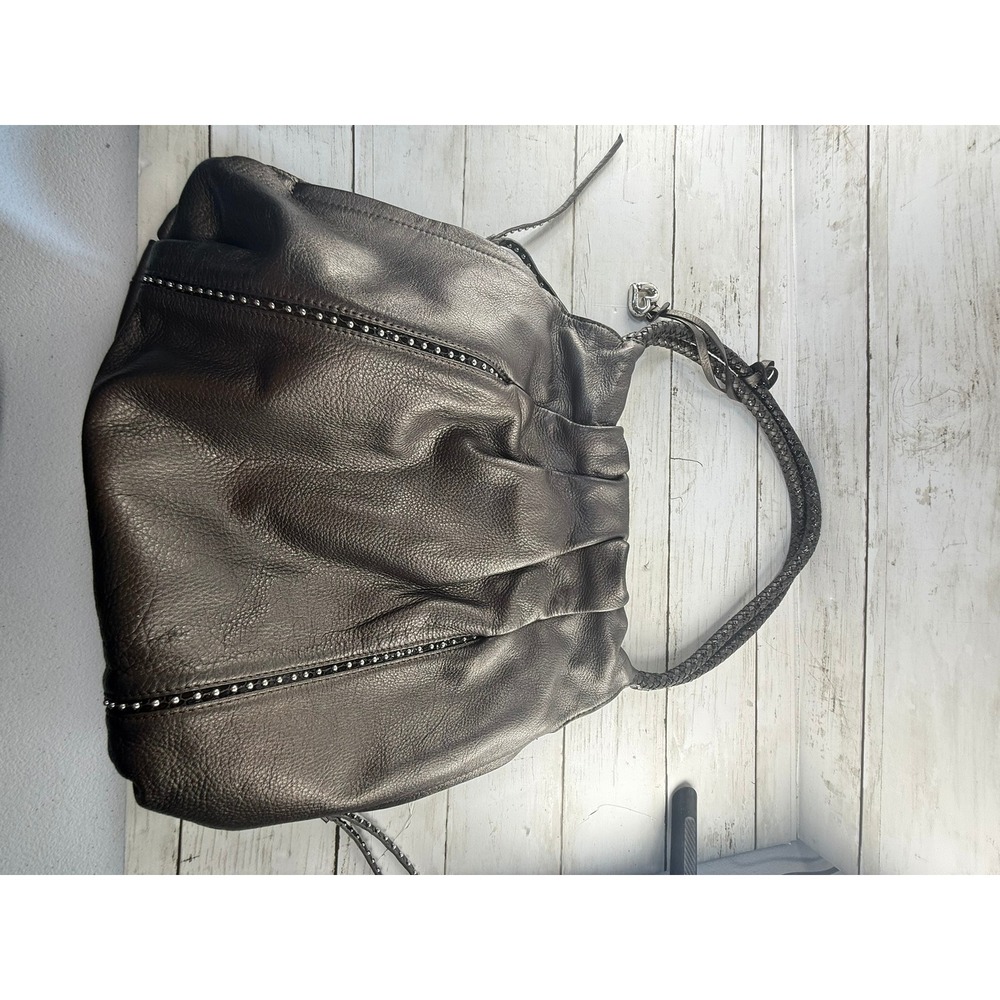 Brighton Metallic Pewter Leather Pleated Hobo Bag Studded Braided Strap F009183